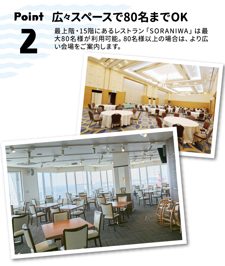 Point.2 広々スペースで80名までOK：最上階・1 5 階にあるレストラン「SORANIWA」は最大80名様が利用可能。80名様以上の場合は、より広い会場をご案内します。